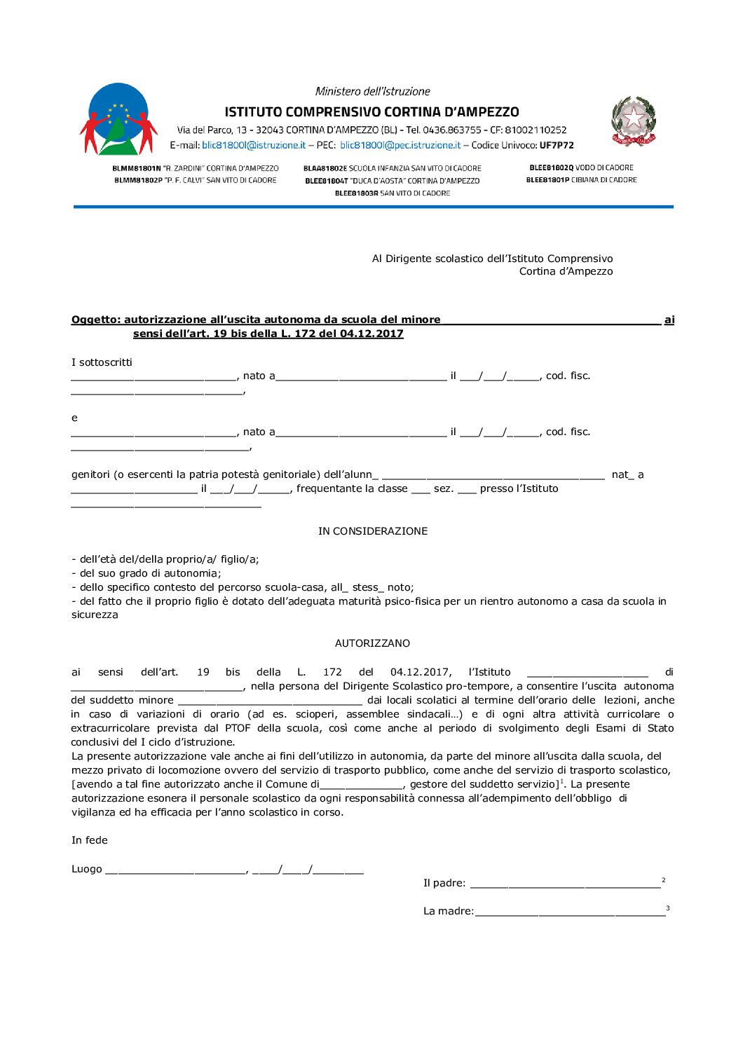 MODULO USCITA AUTONOMA DA SCUOLA